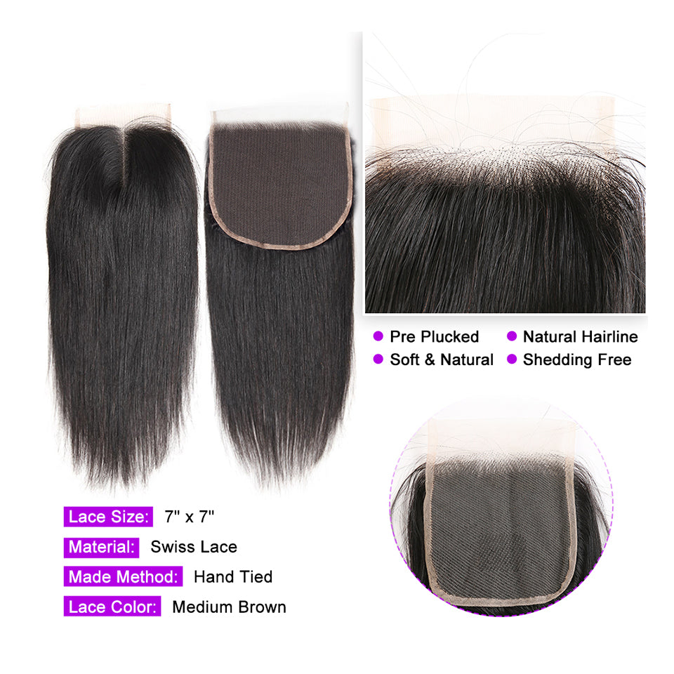 Cambodian Raw Hair Straight 7X7 HD  Lace Closure Premium Cuticles Aligned One Donor Hair